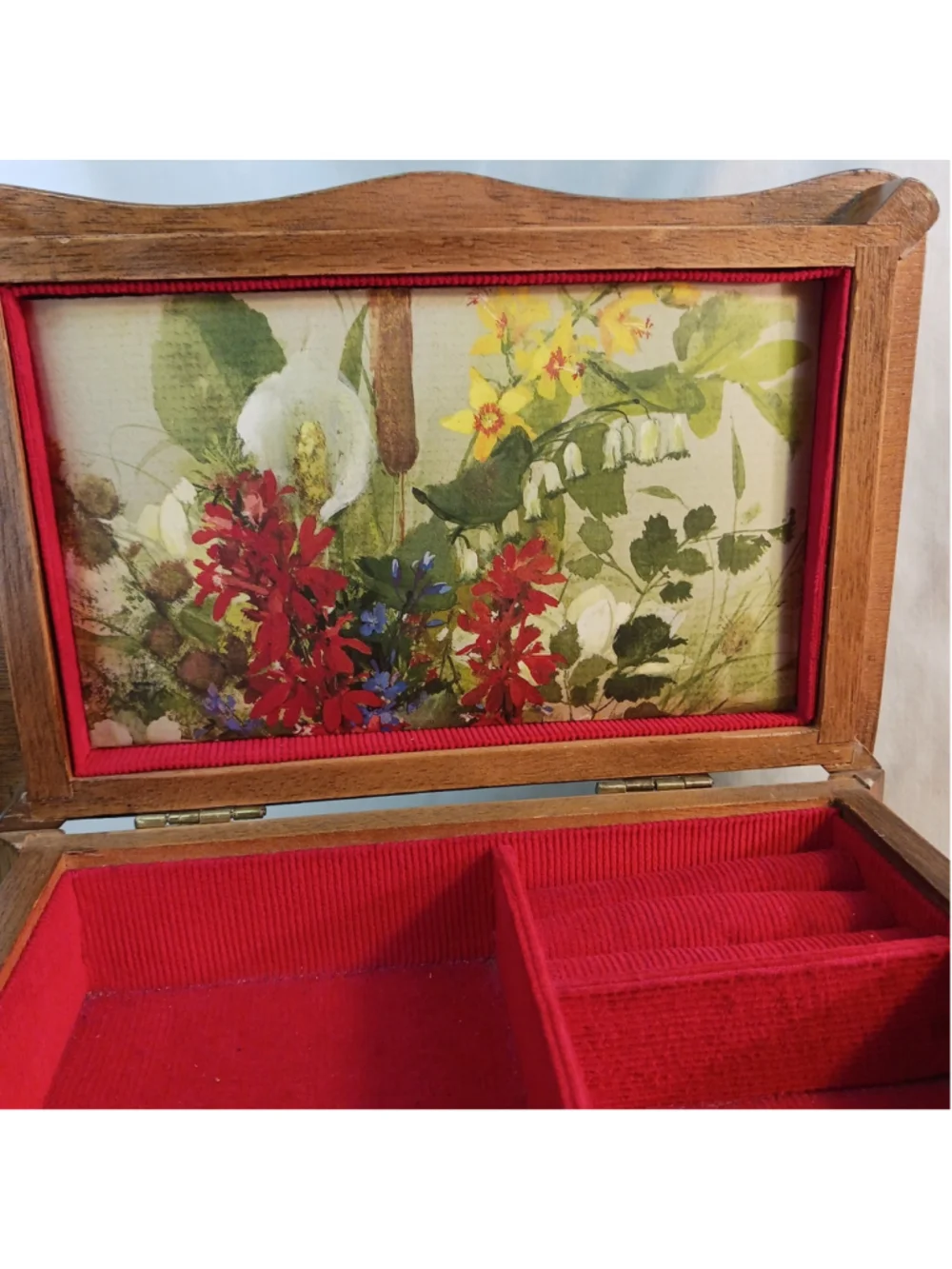 VTG Real Wood Wooden Musical Jewelry Box with Mirror & Drawer Red Interior